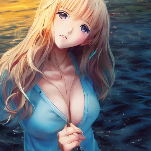 Image similar to a very beautiful anime girl, full body, long wavy blond hair, sky blue eyes, full round face, short smile, cute top, short jeans, summer lake setting, cinematic lightning, medium shot, mid-shot, highly detailed, trending on Artstation, Unreal Engine 4k, cinematic wallpaper by Stanley Artgerm Lau, WLOP, Rossdraws, James Jean, Andrei Riabovitchev, Marc Simonetti, and Sakimichan