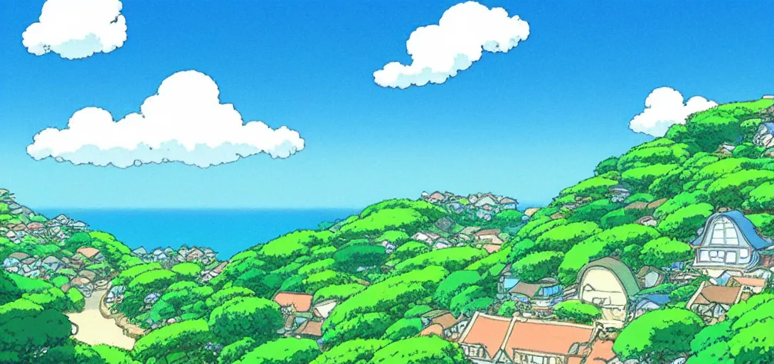 Image similar to studio ghibli hilly countryside and ocean