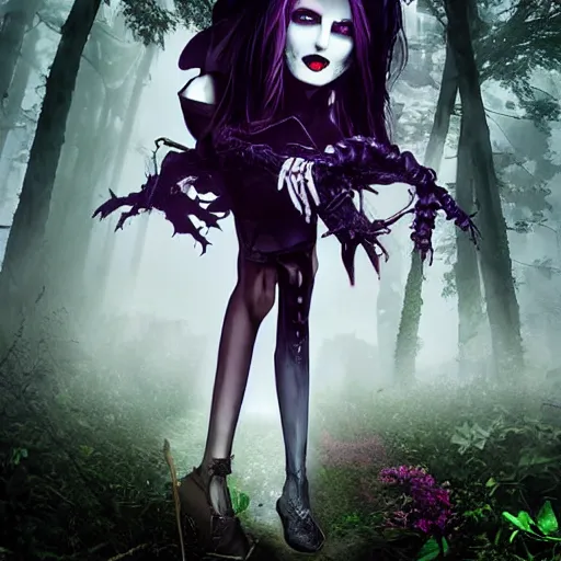 Image similar to american mcgee's vampire goth cyborg alice in lavender madness land sharp focus hyperrealistic cinematic forest of fog sharp portrait