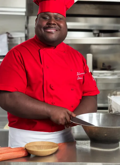 Image similar to portrait photo still of real life school chef jerome mcelroy fat with red shirt and apron and chef hat in school cafeteria holding a ladel, 8 k, 8 5 mm, f. 1 4