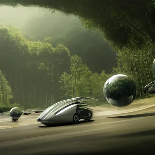 Prompt: a spherical car driving next to a beautiful camp with tyrannosaurus rex and humans dancing, smoky, green hills, many interstellar plants, futuristic concept design, airy landscape, high detail rendering by octane, unreal engine, 8 k, cinematic grade.