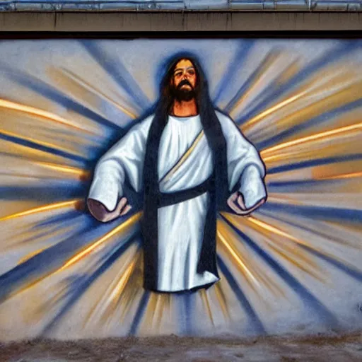 Prompt: graffiti mural of blindfolded Jesus, arms outstretched, rays of light from his fingers, painted on a concrete wall by Minerva Teichert, Portra 400