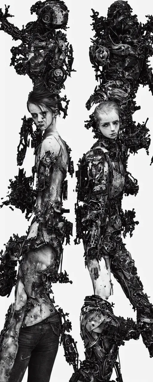 Image similar to Emma Watson fractal armour twinned conjoined sisters action poses dishevelled photorealistic portrait grimy sweating wet face dirty t-shirt and torn jeans in broken biomechanical fractal armour abandoned exploding sci-fi gas station, dark and dim atmospheric smog trending on artstation 8k matte painting, dramatic lighting, dramatic shadows professional photograph by Irving Penn Abumi zuri no kawa Agemaki Agemaki no kan Ago no o benri Aibiki Aida kanamono Aka Akoda nari bachi Art ASA Asa no ha gusari Ase nagashi no ana B Bachi Bishamon gote Boko no ita Bitsu Bugyo Byo Byo gashira Byo toji yokohagi okegawa dō C Choban Chochin kabuto Chokin Chotsugai Chotsugai Kugi D Daku Akuma Daisha Guchi Daimyō Dangaye Dō Dō Dō Maru E Eboshi Eboshi Nari Bachi Edo Egawa Emi men Etchu bo Etchu haidate Etchu jikoro Etchu suneate Etchu zunari bachi F Fukigaeshi Fukube Fukurin Fuse Gumi Fusube Gawa G Gashira Gattari Gendai Gessan Gessan Jikoro Go-Mai Dō Goshozan Gumbai Gunsen Guru-wa Gusoku Gusoku bitsu Gyoyo H Hachi Hachigane Hachiman za Himo Hachi tsuke no ita Haidate Haku hatsu men Hana Hanagami bukuro Hanbo Happuri Haraidate dai Haramaki Harikake Harikake bachi Hatomune dō Heichozan Hige Hiji gane Hineno jikoro Hineno zunari bachi Hiro sode Hishi nui Hishi nui no ita Hishi nui dō Hishi toji Hishi toji dō Hishi toji hotoke dō Hitai ate Hitsu Hoate Hodo haidate Hon iyo zane Hon kozane Hoshi Hoshi bachi Hotoke dō I Ichi no tare Igaki