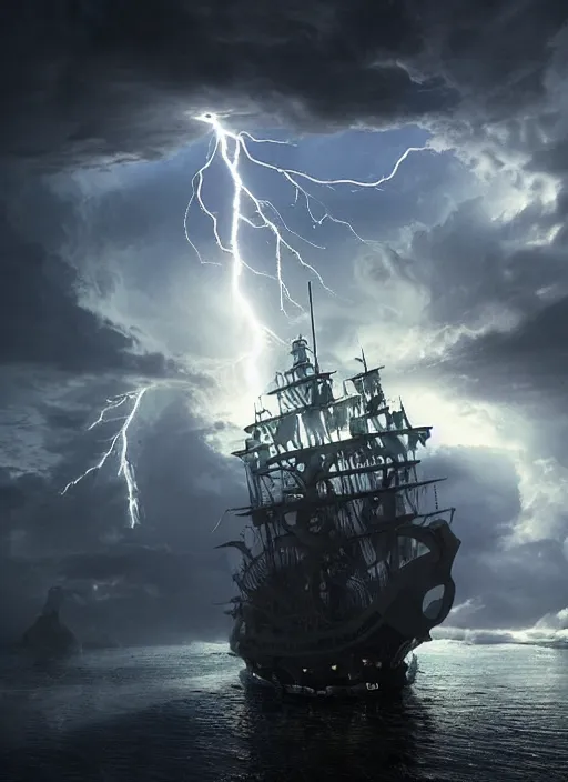 Prompt: huge lightning storm inside a bottle, pirate ship, dark background, volumetric lighting, unreal engine, ultra detailed, high resolution, by emmanuel shiu