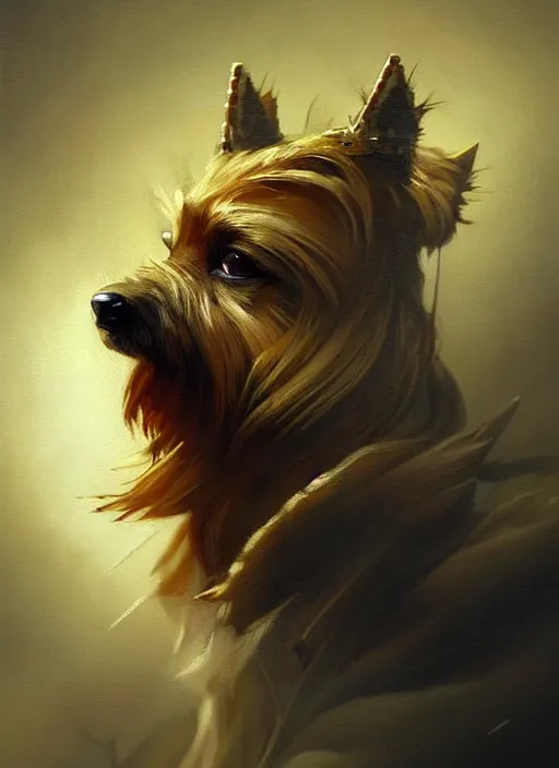 Image similar to norwich terrier as an king, backround dark, highly detailed, digital illustration, trending in artstation, modern painting, smooth, sharp focus, intricate, by peter mohrbacher