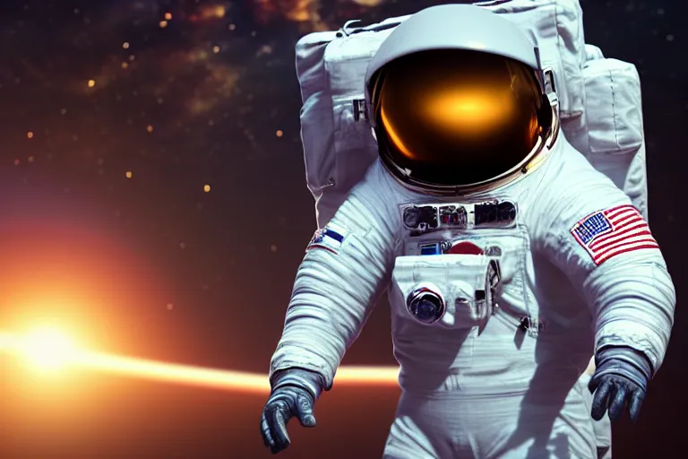 Image similar to astronaut in space wearing a spacesuit floating, highly detailed, photorealistic portrait, bright studio setting, studio lighting, crisp quality and light reflections, unreal engine 5 quality render