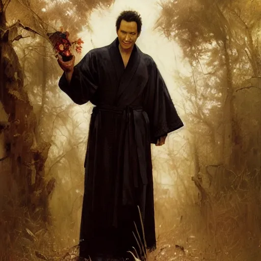 Image similar to detailed realistic cinematic wide shot of beautiful attractive rob schneider vampire man wearing black bath robe slim face symettrical face clean skin black eyes black robe smooth, sharp focus, ultra realistic, spring light, painting by gaston bussiere, craig mullins, j. c. leyendecker