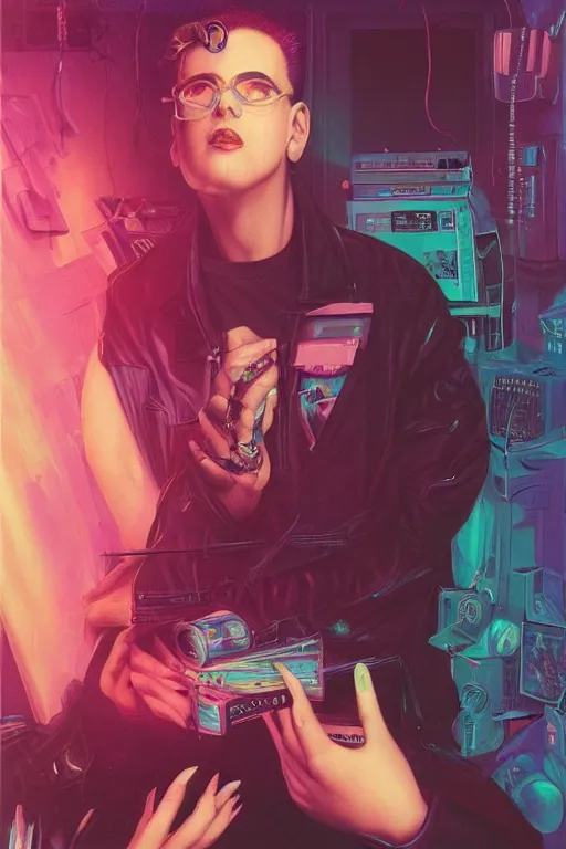 Image similar to portrait of a synthwave goth nerd guy in a cluttered 9 0 s bedroom, by artgerm, tom bagshaw, gerald brom, vaporwave!, vaporwave colors!, lo fi colors, lo fi, 4 k, hd, goth vibe, 9 0 s vibe