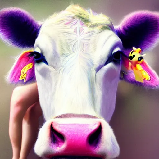 Prompt: Cow with fairy!!!!! wings, full-body portrait, trending on arstation, photorealistic resolution, 4k, 8k