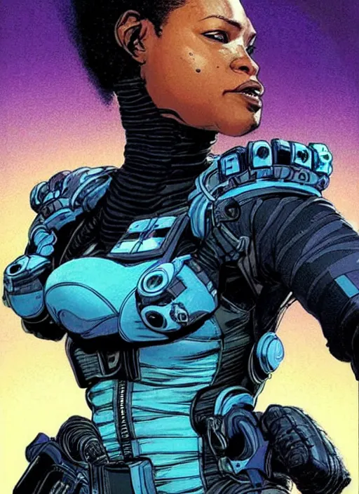 Image similar to selina igwe. apex legends beautiful cyberpunk fitness babe in stealth suit. concept art by james gurney and mœbius. gorgeous face.