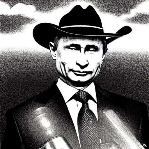 Image similar to vladimir putin riding a bomb in the sky, waving a cowboy hat, cartoonish, ultra detailed pencil art