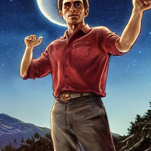 Image similar to the image of ted bundy with outstretched arms between the moon and the sun and a thousand stars ultra realistic, concept art, intricate details, serious, highly detailed, photorealistic, octane render, 8 k, unreal engine, art by todd mcfarlane and artgerm and greg rutkowski and alphonse mucha