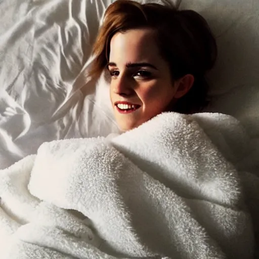 Image similar to emma watson waiting for you in bed at night while smiling shyly, very sleepy and shy, bare shoulders, comforting, covered in big fluffy white blanket, dim blueish lighting