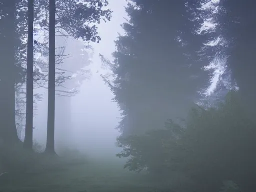 Image similar to a misty forest, futuresynth design, dark purple color scheme, 4 k