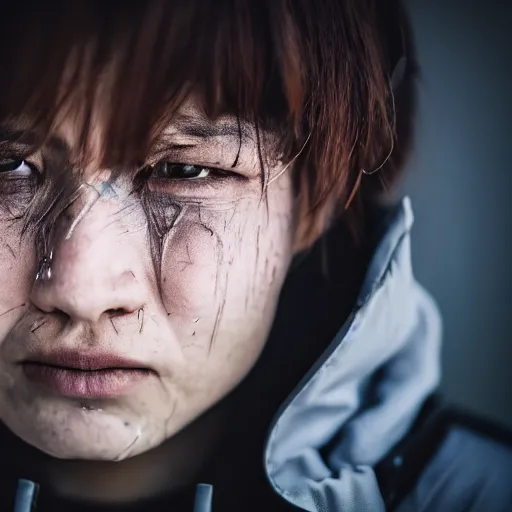 Image similar to photographic portrait of a poor techwear woman holding back tears, closeup, sigma 85mm f/1.4, 4k, depth of field, high resolution, 4k, 8k, hd, full color