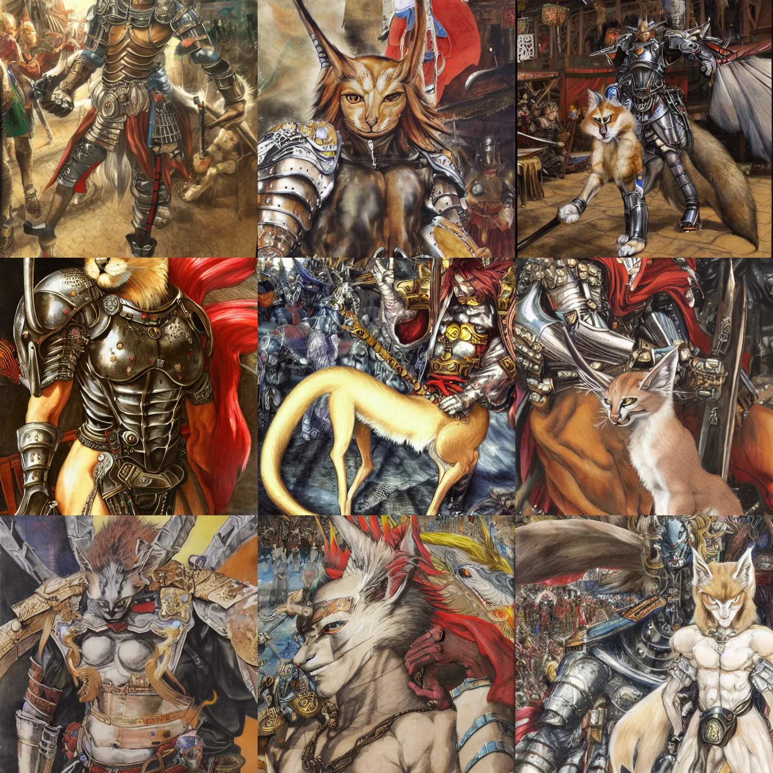 Image similar to 8k Yoshitaka Amano painting of upper body of a young cool looking slim caracal beast-man with white mane at a medieval market at windy day. Depth of field. He is wearing complex fantasy armors. He has huge paws. Renaissance style lighting.