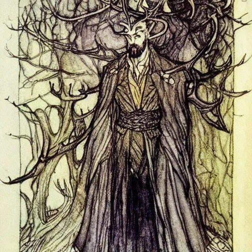 Prompt: A handsome King of the Fae with antlers and blond hair and beard wearing an exquisite suit, color illustration by Arthur Rackham