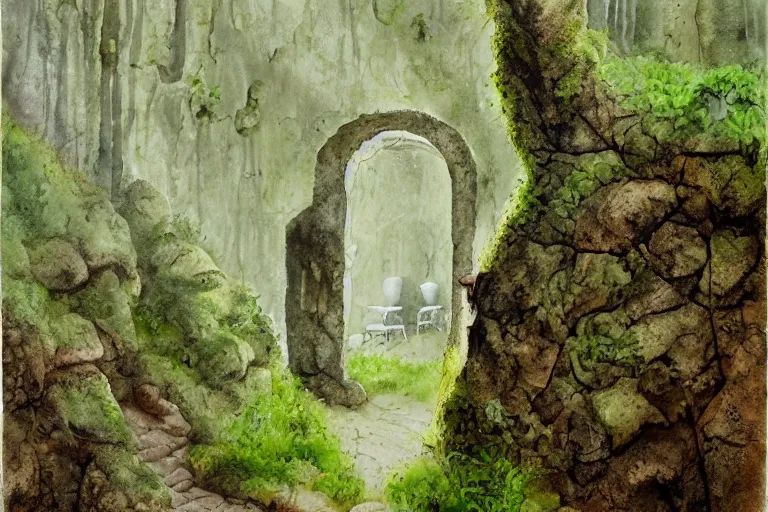 Prompt: closed door of a underground home in a cliff face, trees, moss, mushrooms, ferns, rocky sandy, dust swirling, small path up to door, soft light, james gurney, detailed watercolour, texture, 4k