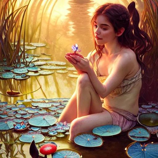 Image similar to Portrait of a girl surrounded by mushrooms while sitting at a pond with waterlilies, face, fantasy, intricate, elegant, highly detailed, digital painting, artstation, concept art, smooth, sharp focus, illustration, art by Fernanda Suarez and Artem Demura and alphonse mucha