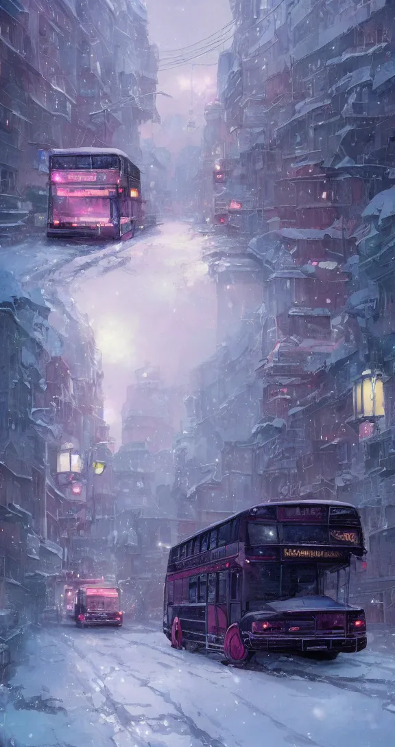 Image similar to A bus in a snowy city, bright, pretty, by Studio Ghibli and Greg Rutkowski, artstation