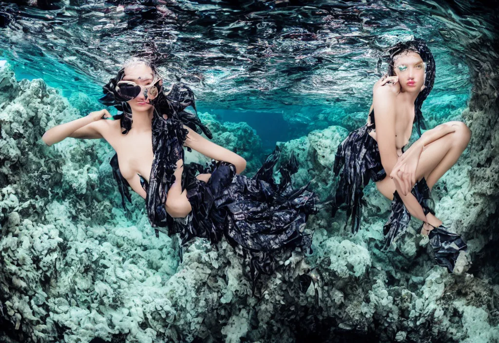 Prompt: fashion editorial in the depth of the sea. wide angle shot. highly detailed. depth of field. high definition. 8k. photography.
