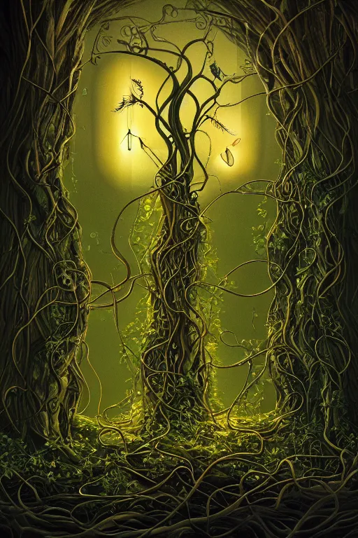 Image similar to a beautiful digital illustration painting of a detailed gothic fantasy fireflies and roots, throne and vines by giorgio de chirico, and david rios ferreira. 8 k resolution trending on artstation concept art digital illustration