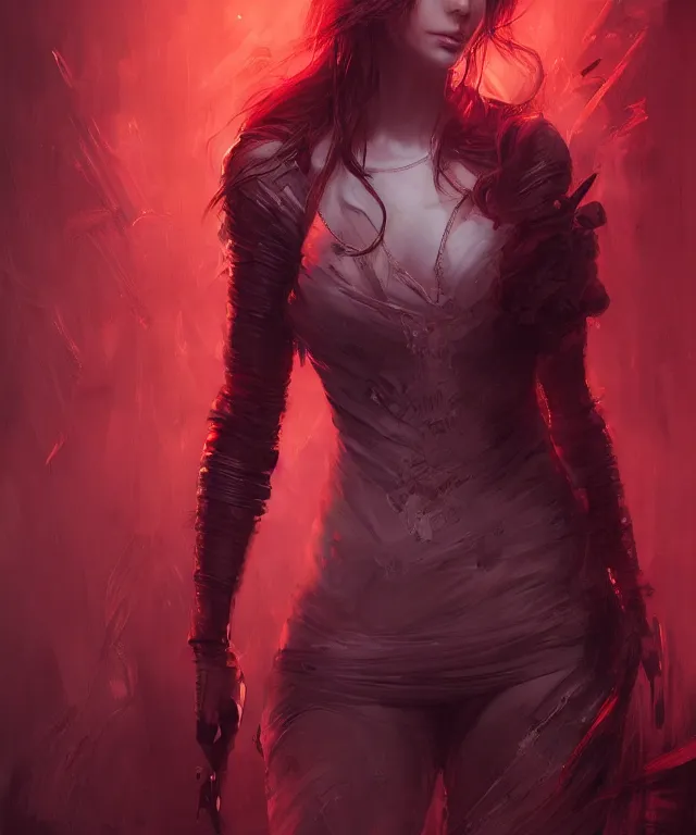 Prompt: assassin by charlie bowater and titian and artgerm, full - body portrait, intricate, face, cityscape, elegant, red mist, beautiful, highly detailed, dramatic lighting, sharp focus, trending on artstation, artstationhd, artstationhq, unreal engine, 4 k, 8 k