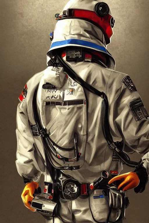 Image similar to paramedic, standing by ambulance, highly detailed, digital art, sharp focus, trending on art station