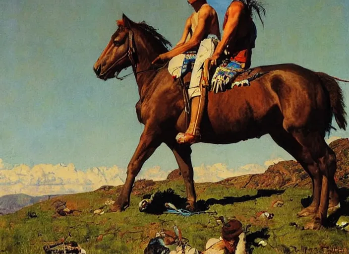Image similar to western painting, native american sitting on horse on top of hill, by norman rockwell