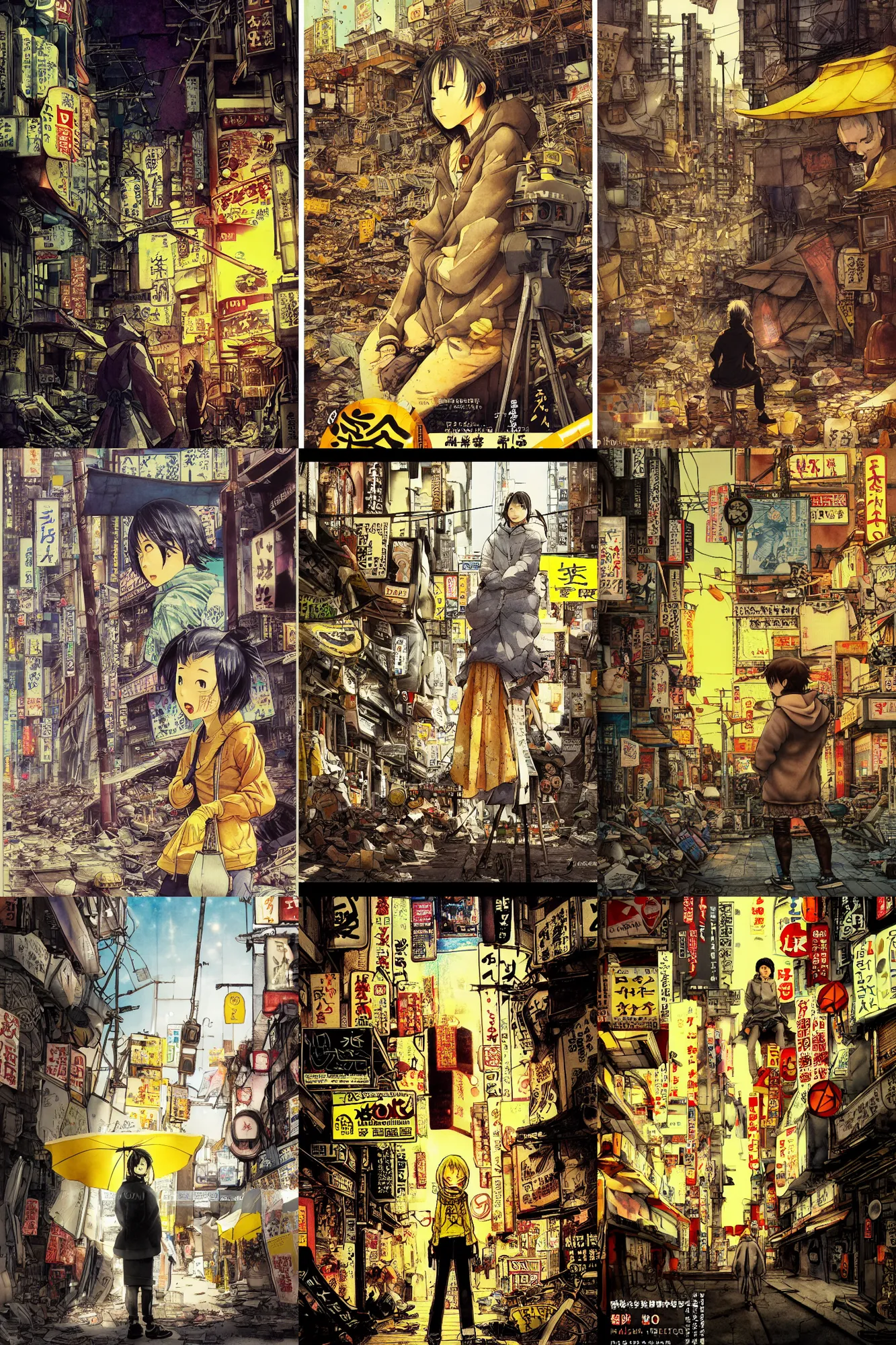 Prompt: tatsuyuki tanaka movie poster, genius party, shinjuku, koji morimoto, katsuya terada, masamune shirow, tatsuyuki tanaka, golden hour lighting,detailed watercolor, paper texture, movie scene, distant shot of hoody girl side view sitting under a yellow striped parasol in deserted dusty shinjuku junk town, old pawn shop, bright sun bleached ground ,scary chameleon face muscle robot monster lurks in the background, ghost mask, teeth, animatronic, black smoke, pale beige sky, junk tv, texture, strange, impossible, fur, spines, mouth, pipe brain, shell, brown mud, dust, bored expression, overhead wires, telephone pole, dusty, dry, pencil marks, hd, 4k, remaster, dynamic camera angle, deep 3 point perspective, fish eye, dynamic scene