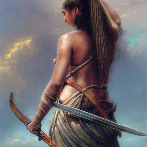 Image similar to artstation concept of a beautiful girl holding a sword in both hands, brown skin, sweaty skin, symmetrical face, casual white garment, brown canyon background, shiny colorful, hyperdetailed, artstation trending, world renowned artists, worth1000.com, historic artworks society, antique renewel, cgsociety, by greg rutkowski, by Gustave Dore, Deviantart