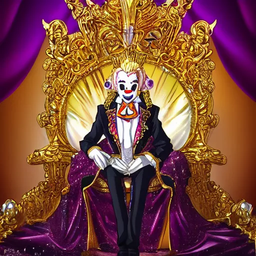 Prompt: anime of a shining majestic throne made of millions of diamonds, gold and zaphires with thousands of light reflections, and a clown on a tuxedo suit is sitting on the throne while handing a golden balloon, dramatic light, digital painting, ultradetailed, artstation, oil painting, ultradetailed, artstation