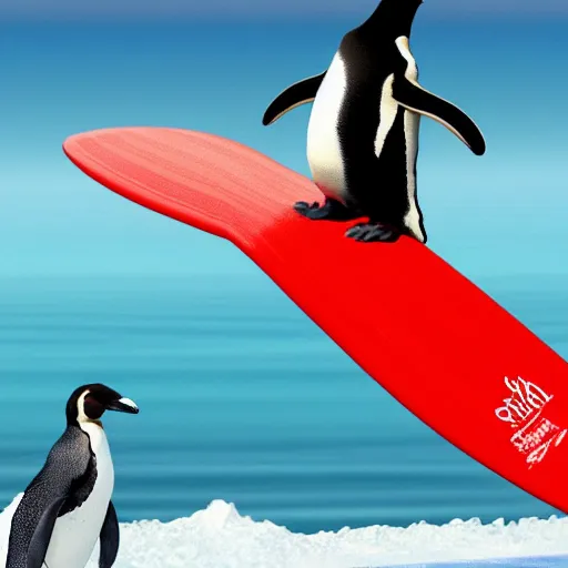 Prompt: penguin surfing on a big eave using an ice floe as surfboard, trending on artstation