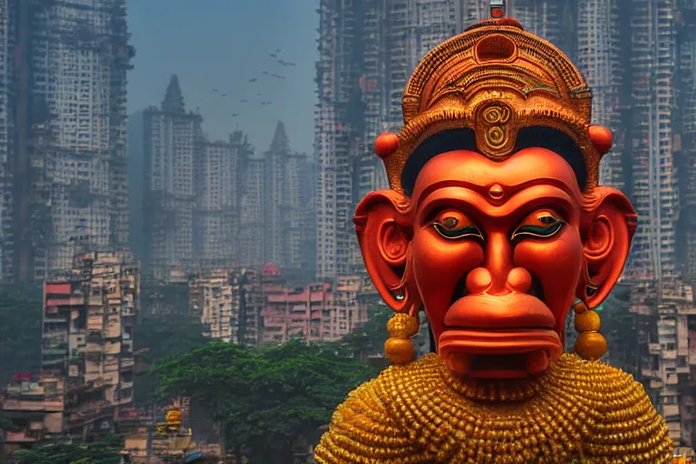 Image similar to high quality 3 d cyberpunk biomorphic hanuman head building in the middle of mumbai!!, kalighat highly detailed, cinematic smooth, stephen shore & john j. park, soft morning light, wide shot, high angle, uhd 8 k, deep focus