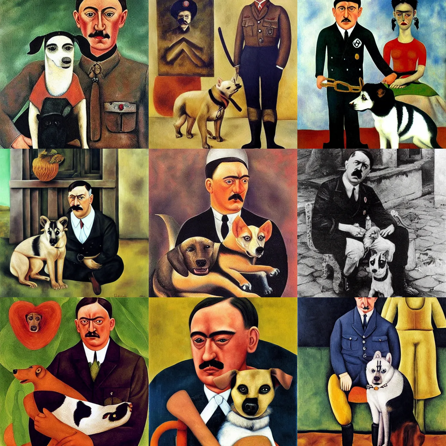 Prompt: adolf Hitler and his dog 'Blonde', painting by frida kahlo