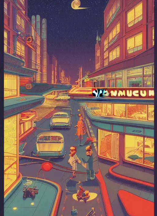 Prompt: 1 9 5 0 s street view retrofuturism at night by michael whelan and naomi okubo and dan mumford. cute 1 9 5 0 s astronauts. cel - shaded. bright paint