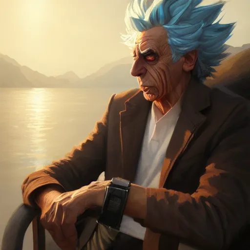 Image similar to rick sanchez portrait, dramatic light, lake background, 2 0 0 mm focal length, painted by stanley lau, painted by greg rutkowski, painted by stanley artgerm, digital art, trending on artstation