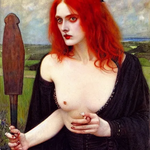 Image similar to A striking Pre-Raphaelite witch with intense eyes and bright red hair by John Collier