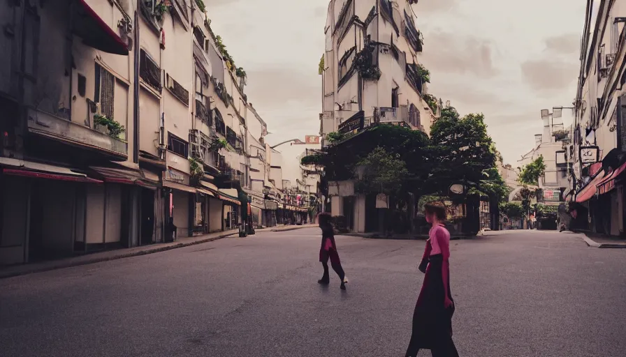 Image similar to a 3 5 mm photo by petra collins of a beautiful day in a city that looks like toyko, paris, kyoto and jiufen, cinematic lighting, cinematic look, golden hour, the clouds are epic and colorful with cinematic rays of light, a girl walks down the center of the street in a gucci dress, uhd