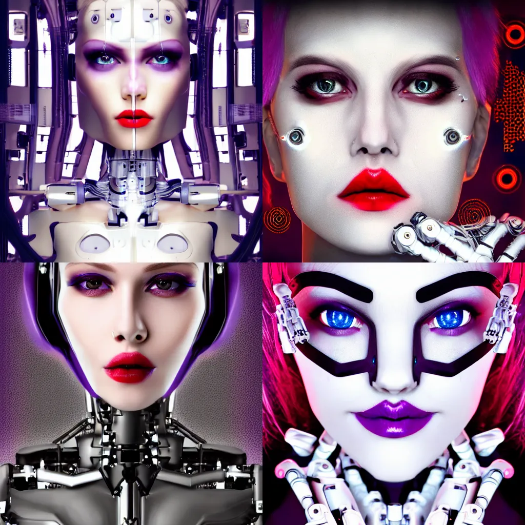 Prompt: highly detailed and symmetrical woman, half her face is robotic with wires and tubes, pale skin and purple eyes, white blonde hair, red lips, staring into the camera, high fantasy art, ultra hd, cinematic lighting,