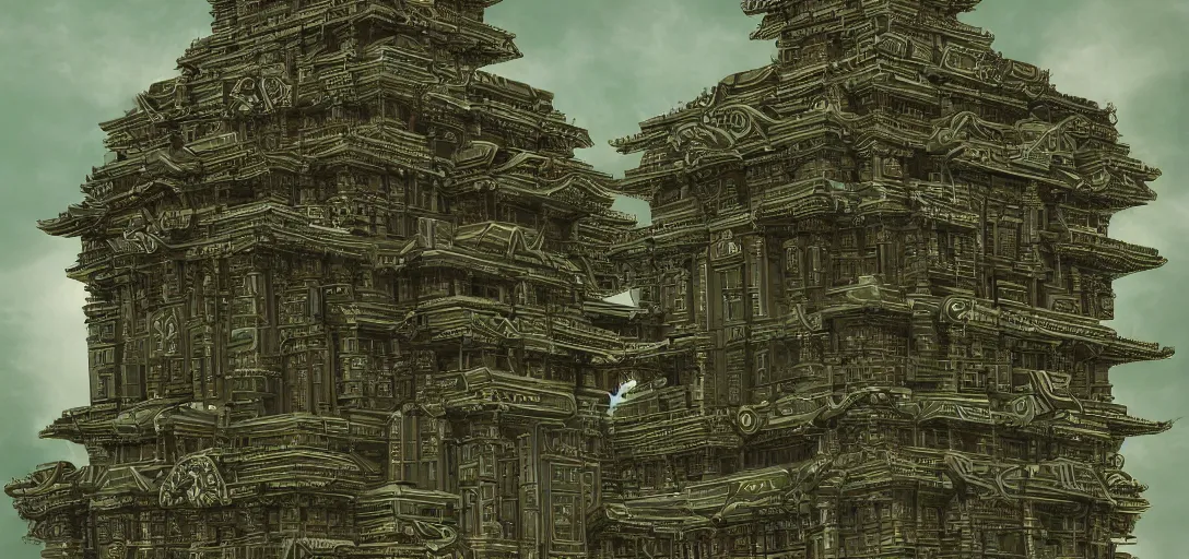 Image similar to extreme long shot of strange temple, the building is covert with glyphs and on the top of the temple big gold design, hyper detailed, trending on artstation, green tones, glow