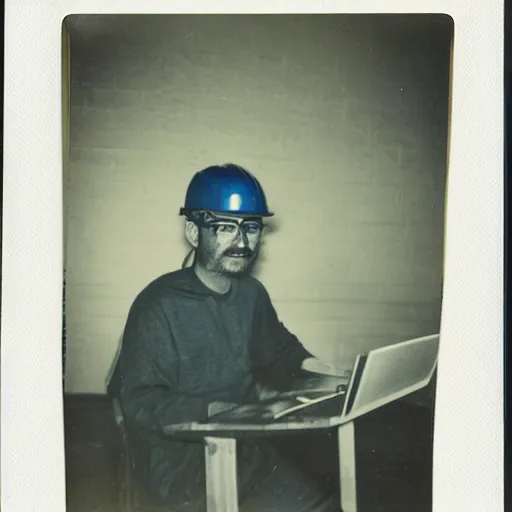 Image similar to a polaroid photo of man using a laptop inside in warehouse, he sitting on chair and small table, he's wearing blue cloth and construction hat, photo from behind, high details, perfect face shape