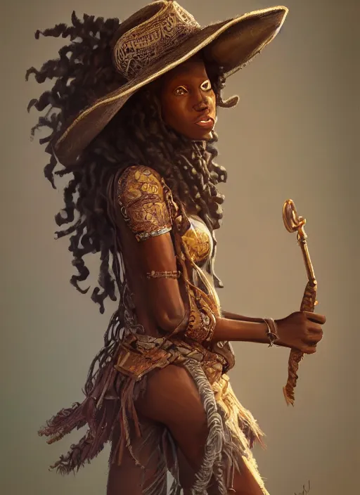 Image similar to a highly detailed illustration of long curly haired african girl wearing cowboy hat and brown poncho, dramatic playing banjo pose, intricate, elegant, highly detailed, centered, digital painting, artstation, concept art, smooth, sharp focus, league of legends concept art, WLOP