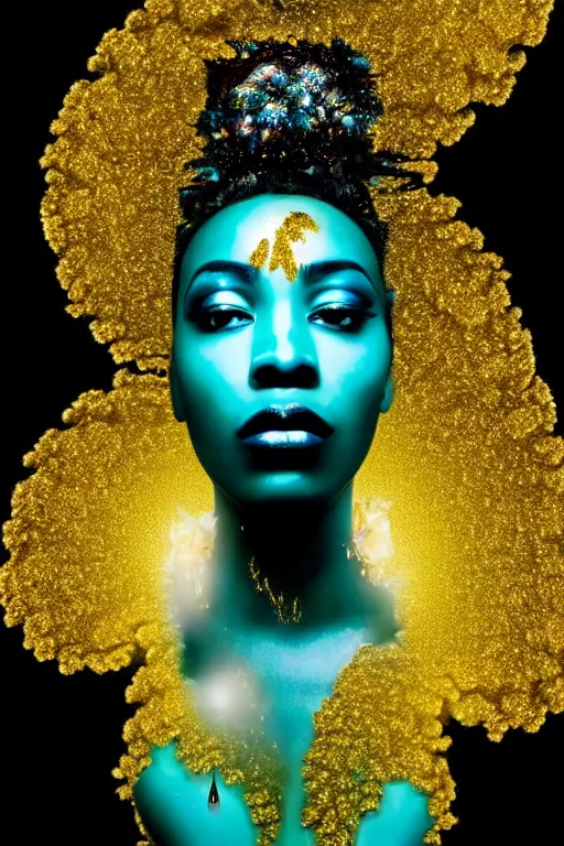 Image similar to hyperrealistic post - dada cinematic very expressive! profile black oshun goddess, in water!! up to shoulders, mirror dripping droplet!, gold flowers, highly detailed face, digital art masterpiece, smooth eric zener cam de leon, dynamic pearlescent turquoise light, low angle uhd 8 k, sharp focus