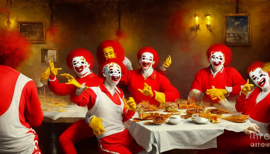 Prompt: highly detailed painting of a group of ronald mcdonalds with red afros, white facepaint, red noses and yellow tracksuits salsa dancing at a spanish tapas restaurant by william turner, by greg rutkowski, by william constable, thick brush strokes and visible paint layers, 4 k resolution