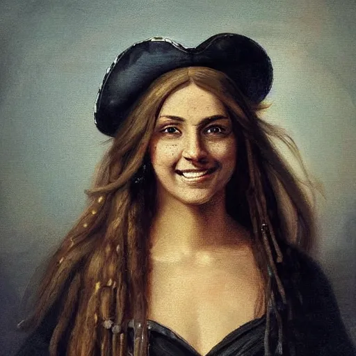 Prompt: oil painting, smiling, happy, beautiful, intelligent, latin, tanned, female pirate captain 2 8 years old, flowing long hair, fully clothed, wise, beautiful, masterful 1 8 0 0 s oil painting, dramatic lighting, sharp focus