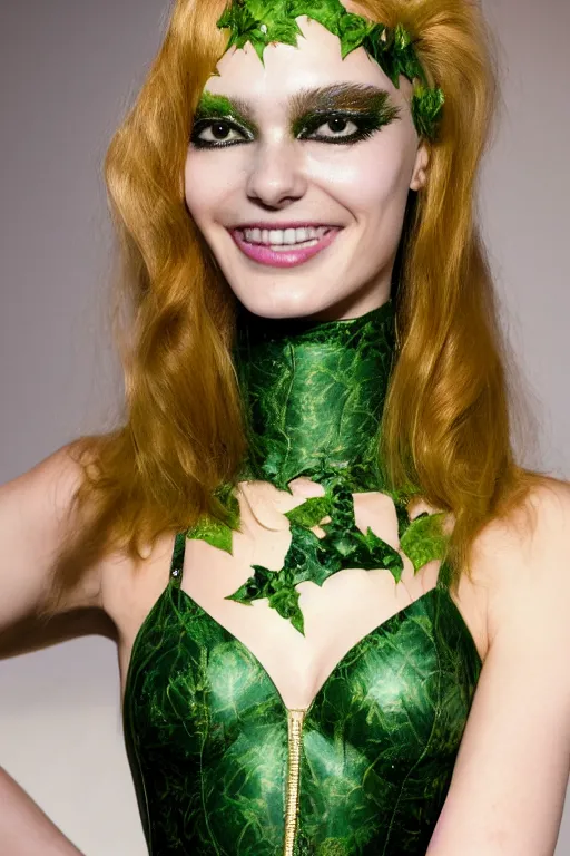 Image similar to A beautiful portrait of Daria Strokous smiling as Poison Ivy from Batman as a Versace fashion model Spring/Summer 2010, highly detailed, in the style of cinematic, Getty images, Milan fashion week backstage, Extreme close up, Makeup by Pat McGrath, Hair by Guido Palau, Greg rutkowski