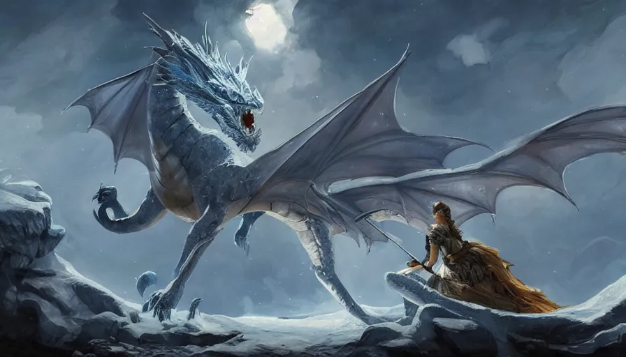 Image similar to epic ice dragon with trendy shapes in a nordic landscape under aurora and stars, set in the words of the Forgotten Realms and Guildwars2, painted by Hans Fredrik Gude, N.C.Wyeth and Artgerm, concept art 2022, ultra realistic masterpiece