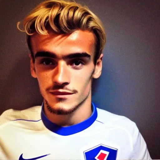 Image similar to “ a realistic detailed photo of a guy who is an attractive humanoid who is half robot and half humanoid, who is a male android, soccer player antoine griezmann, shiny skin, posing like a statue, blank stare, on the bed, on display ”