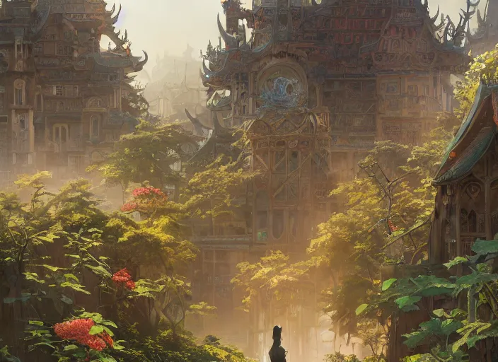 Prompt: highly detailed leipzig, undead land, stephen bliss, unreal engine, wuxia art by greg rutkowski, loish, rhads, ferdinand knab, makoto shinkai and lois van baarle, ilya kuvshinov, rossdraws, tom bagshaw, alphonse mucha, global illumination, radiant light, detailed and intricate environment